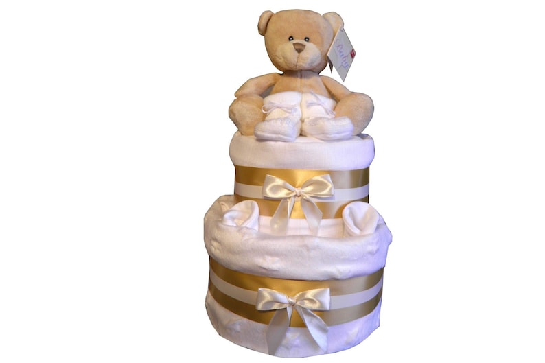 Baby Nappy Cake 2 Tier Unisex Colours Cute Bear Design Gift Wrapped with Bow and Tag Baby Gift Present Newborn image 1