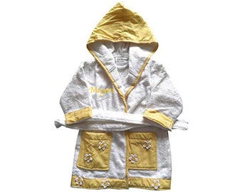 Girls Personalised Cotton Hooded Robe / Dressing Gown Pretty Daisy Flower Applique design Childs Kids Children's Deluxe