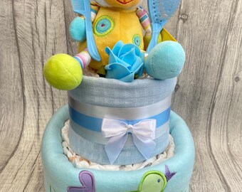 Two-Tier Blue Nappy Cake – Baby Boy Gift Present (Cat or Dog Theme) Gift Wrapped with tag