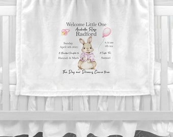 Personalised Baby Welcome Wrap Blanket Bunny Rabbit Birth Stats Pink or Blue Newborn Gift Keepsake Present for new baby soft white fleece