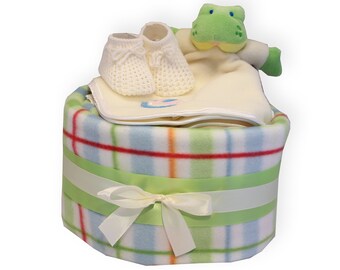 Baby Unisex Baby Nappy Cake single Tier with Green check fleece Gift Set