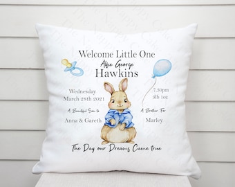 Baby Personalised Birth Cushion Bunny Rabbit Beautiful Design Newborn Stats Unique Gift Pink or Blue