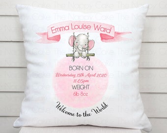 Personalised Baby Birth Stats Cushion Beautiful Cute Elephant On A Swing Pink or Blue Gift / Keepsake Unique Present