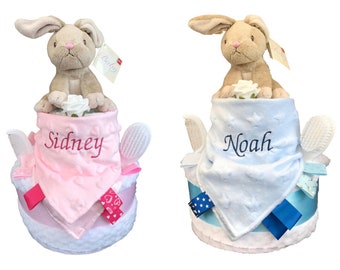 Bunny Rabbit Nappy Cake includes a Personalised Comforter 2 Tier Add Baby Name to comforter unique bespoke Gift Present for Newborn