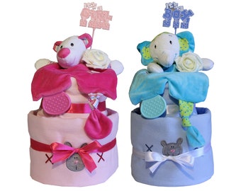 Nappy Cake With Teether Toy 2 Tier Pink or Blue Design Present Newborn Birth Maternity Gift Gift Wrapped