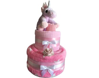 Baby Girls Pink Nappy Cake Unicorn / Star Design 2 Tier Newborn Baby Gift / Present