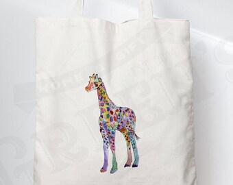 Giraffe Canvas Tote Bag, Shopping Shoulder Bag, Shopper, Gift Present Rainbow Coloured Uniqe Design, Eco Friendly