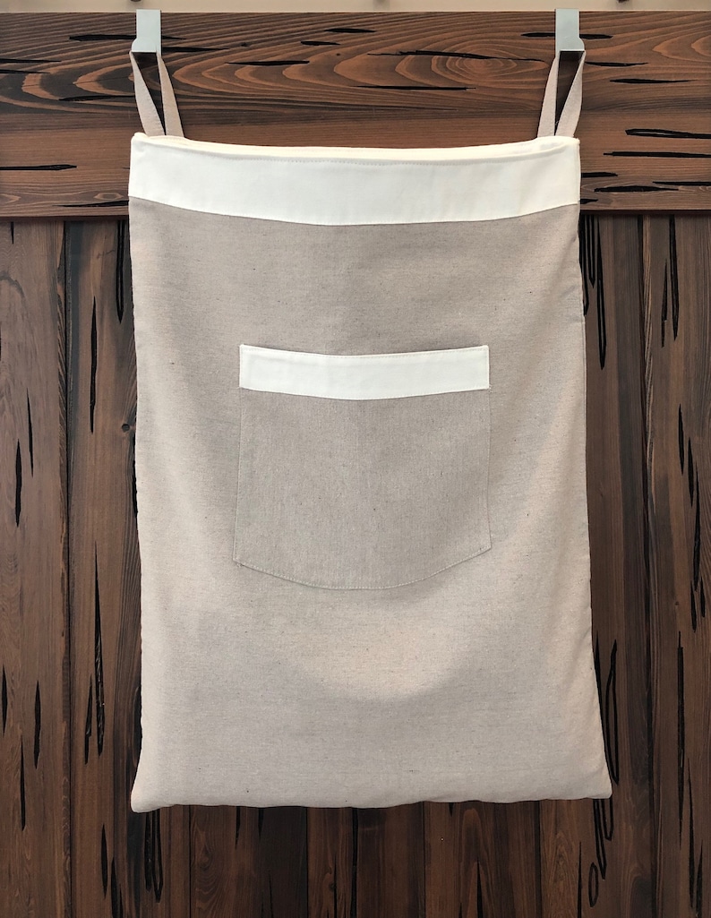 Over The Door Hanging Laundry Hamper Bag Heavy Duty Natural Cotton Canvas Drawstring Closure with Carry Strap Hooks NOT Included image 4