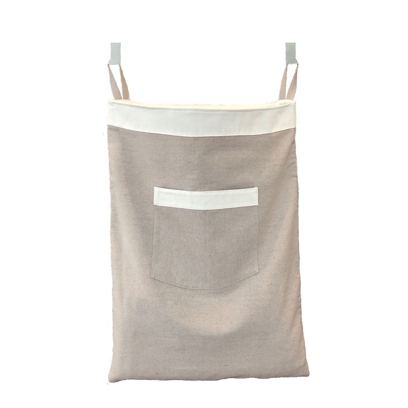 Over The Door Hanging Laundry Hamper Bag Heavy Duty Natural Cotton Canvas Drawstring Closure with Carry Strap Hooks NOT Included image 1