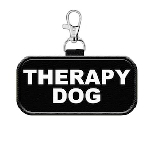 May include: Black rectangular patch with white text that reads "THERAPY DOG" attached to a silver clip.