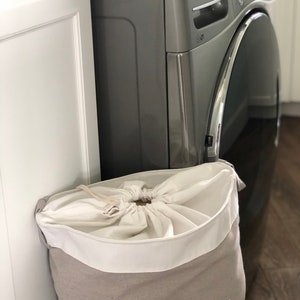 Over The Door Hanging Laundry Hamper Bag Heavy Duty Natural Cotton Canvas Drawstring Closure with Carry Strap Hooks NOT Included image 6