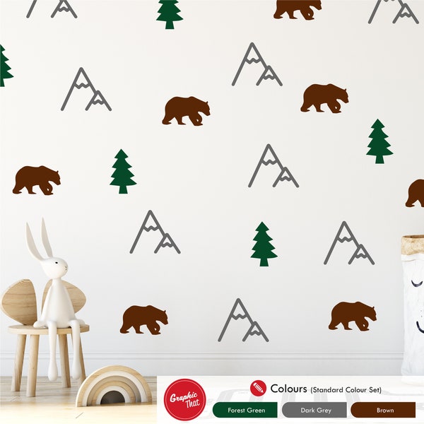 Mountain Wall Decals - Pine Tree Nursery Wall Stickers - Bear Woodland Kids Gifts