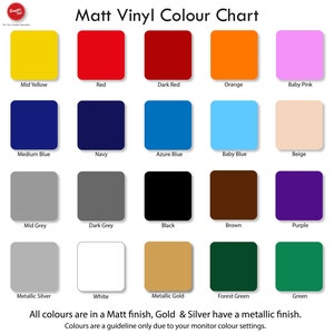 Peut inclure: Un nuancier de 20 couleurs de vinyle diff&eacute;rentes. Les couleurs sont dispos&eacute;es en cinq rang&eacute;es de quatre couleurs chacune. Les couleurs comprennent le jaune moyen, le rouge, le rouge fonc&eacute;, l'orange, le rose p&acirc;le, le bleu moyen, le marine, le bleu azur, le bleu ciel, le beige, le gris moyen, le gris fonc&eacute;, le noir, le marron, le violet, l'argent m&eacute;tallis&eacute;, le blanc, l'or m&eacute;tallis&eacute;, le vert for&ecirc;t et le vert. Le texte en bas du nuancier indique "Toutes les couleurs sont en finition mate, l'or et l'argent ont une finition m&eacute;tallis&eacute;e. Les couleurs sont une indication uniquement en raison des param&egrave;tres de couleur de votre &eacute;cran."