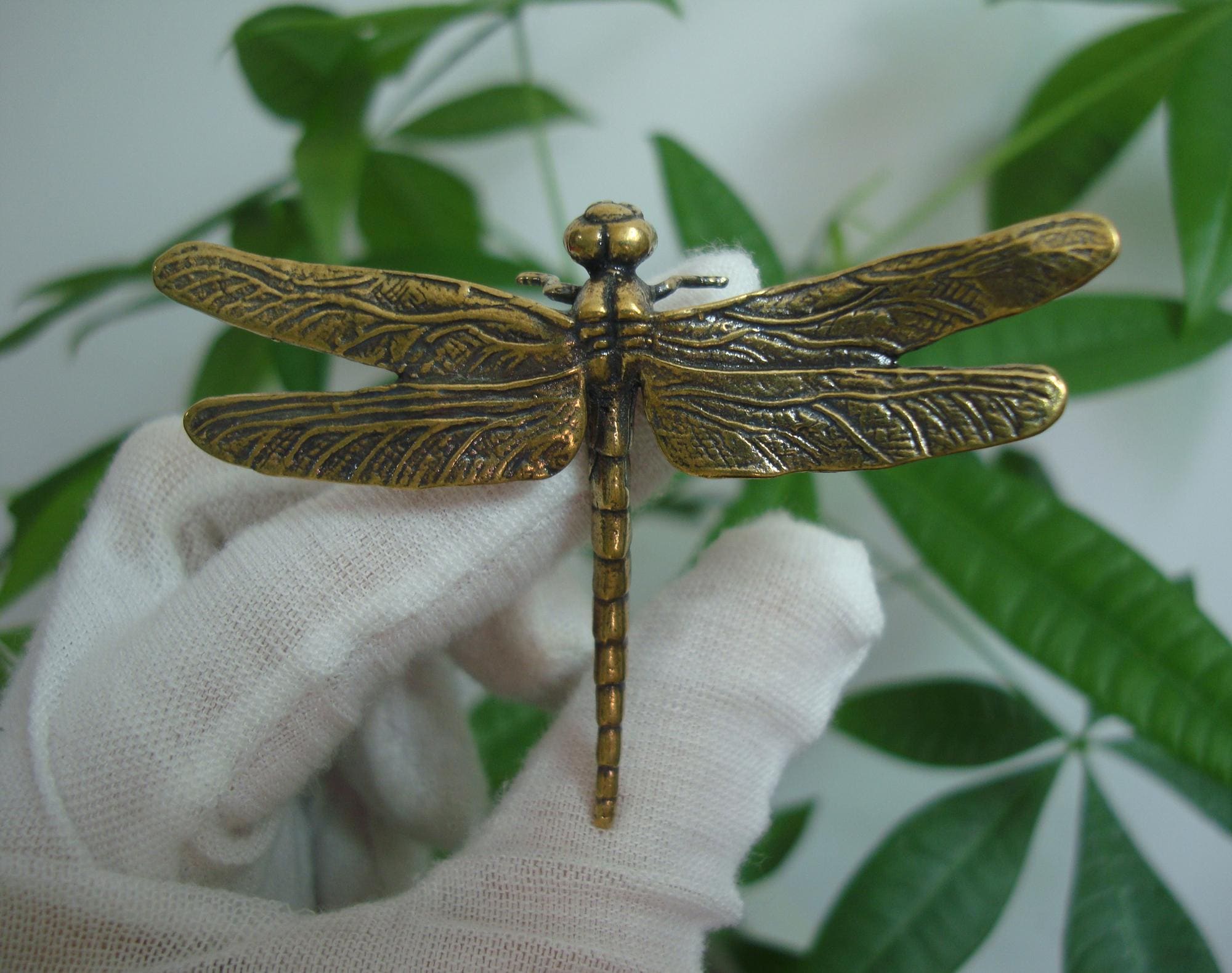 Elegant Antiqued Chinese Solid Brass Dragonfly Statue Figurine