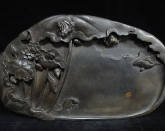 Large Old Chinese Inkstone Hand Carving Lotus and Fishes Ink Stone Ink Stick Mark