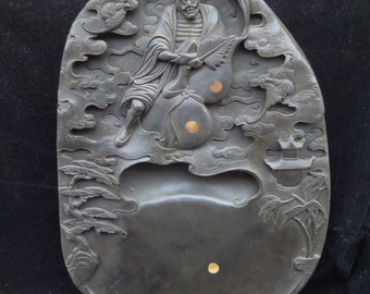 Large Chinese Vintage Hand Carving Arhat Ink Stone Figure Ink Slab Marks with Ink Stick