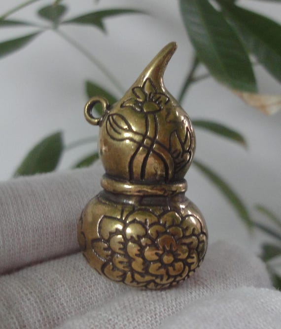 Antiqued Chinese Bronze Gourd Pendant: Hollow Flo… - image 1