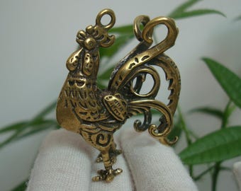 Antiqued Solid Brass Zodiac Rooster Statue Animal Sculpture Keychain Pendant