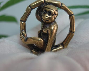 Chinese Zodiac Curio Solid Brass Lively Monkey Statue Animal Keyring Pendant