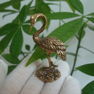 Antiqued Pure Brass Casting Red-crowned Crane Bird Figurine Statue Desk Decoration