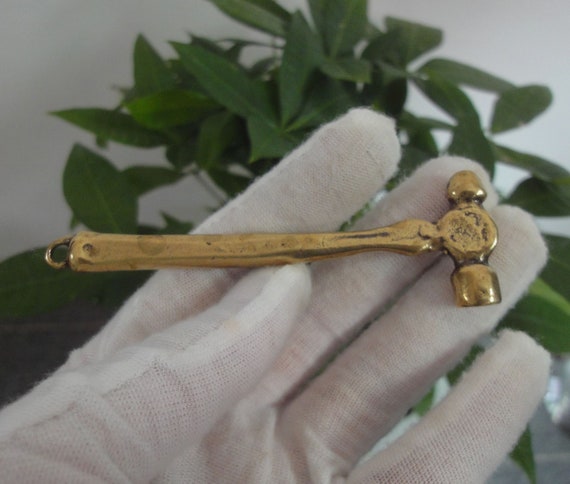 Retro Chinese Solid Brass Mini Hammer Pendant Key… - image 2