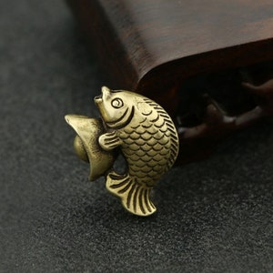 Vintage Chinese Old Solid Bronze Statue Active Lucky Fish Keyring Pendant