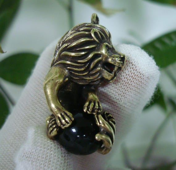 Solid Bronze Roaring Lion Figurine Pendant: Vinta… - image 1