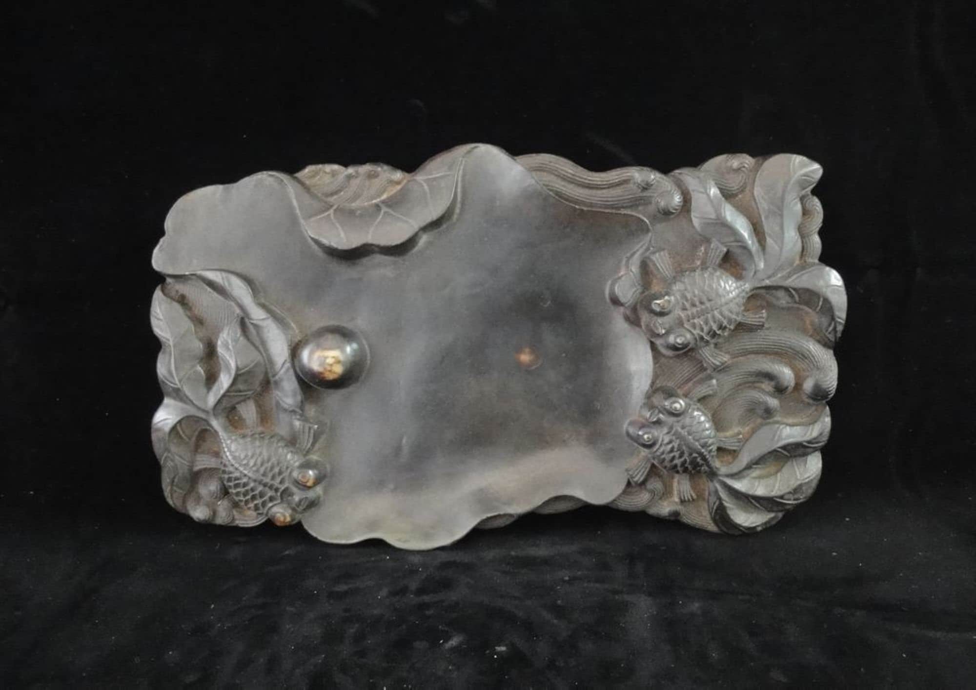 Vintage Chinese Hand Carving Lotus Leaf and Goldfish Ink Stone Ink Slab with Ink Stick