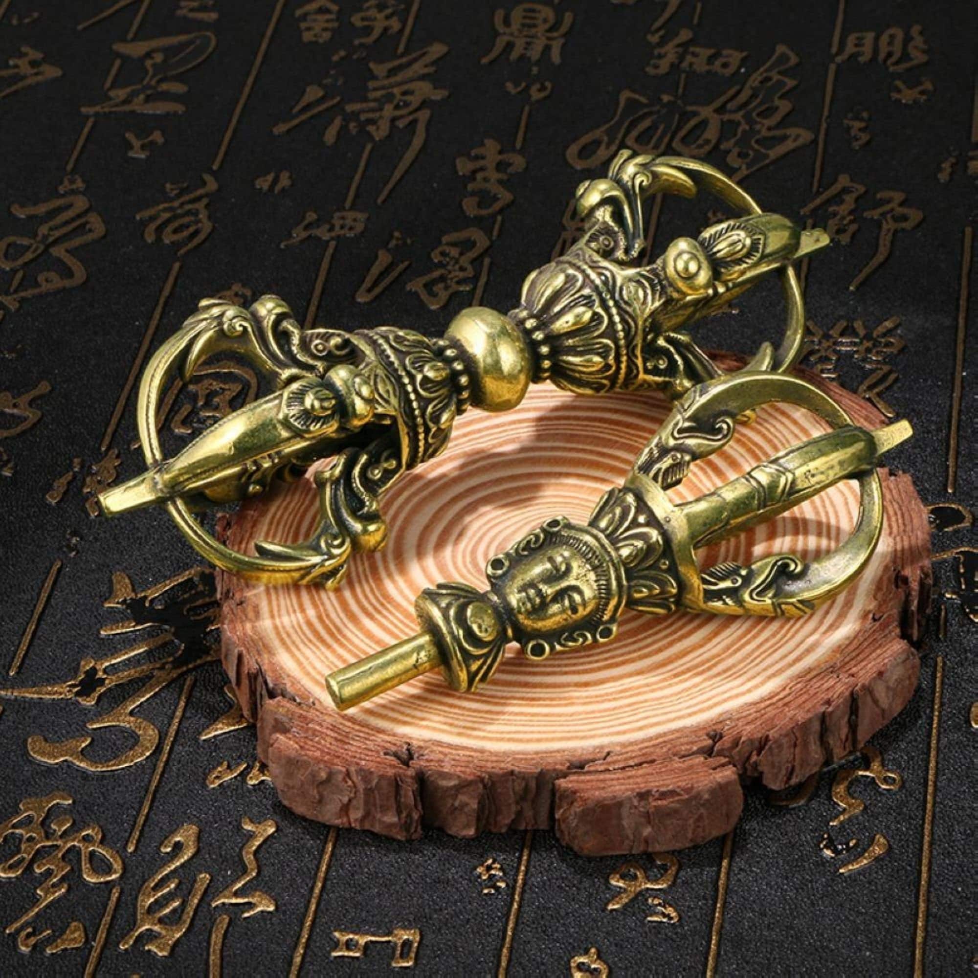 Pair of Antiqued Chinese Brass Vajra Demon-Subduing Pestle Statue Pendants