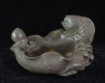 Ancienne pierre à encre de calligraphie chinoise sculpture à la main poisson Lotus pierre à encre et bâton d'encre
