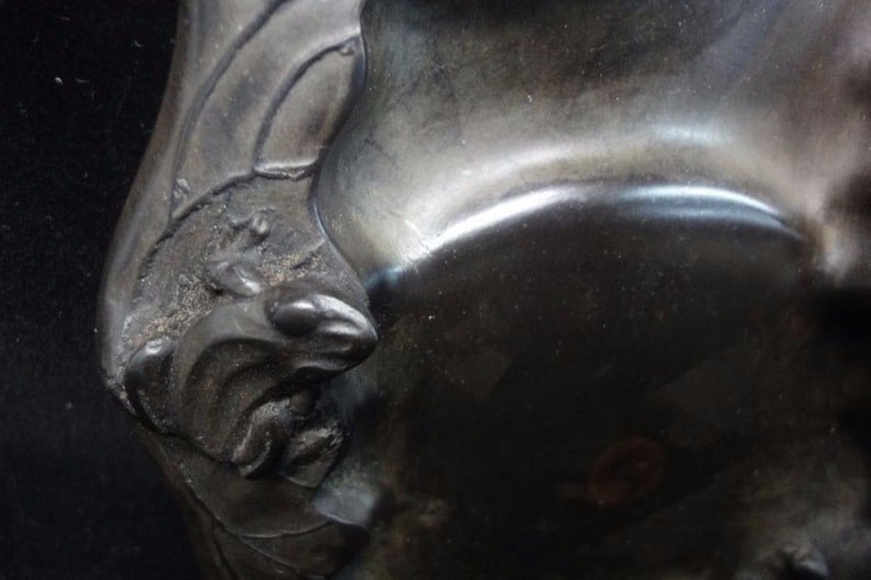 May include: Close-up of a dark, possibly bronze, sculpture. The image focuses on a detailed section, revealing a textured surface with a relief of a bat or similar creature. The sculpture has a smooth, reflective area.