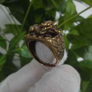 Könnte beinhalten: Ein goldfarbener Ring mit einem detaillierten Drachenmotiv auf der Oberseite. Die Ringschiene hat ein strukturiertes Muster.