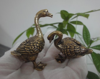 A Pair of Antiqued Solid Brass Gooses Couples Statues Animals Sculptures