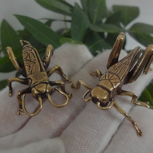 Pair of Vintage Chinese Solid Brass Hearth Crickets Statues Metal Insect Sculptures