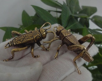 May include: Two detailed brass grasshopper figurines. The grasshoppers are posed in a dynamic stance, showcasing intricate details of their legs, antennae, and body segments. The metallic finish gives them a vintage or antique appearance.