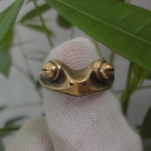 Op de afbeelding: Een gouden kikkerfiguur met grote, ronde ogen. Het beeldje is gemaakt van metaal en heeft een gedetailleerd, realistisch ontwerp.