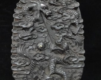 Heavy Old Chinese Hand Carving Dragon and Bats Covered Ink Stone Ink Slab Mark with Ink Stick