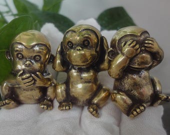 Set of 3 Antiqued Brass Monkey Statues: Hear, See, Speak No Evil