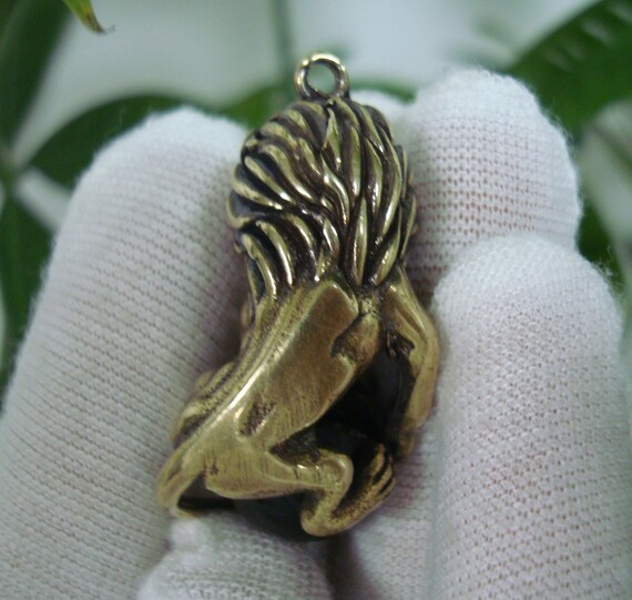 Solid Bronze Roaring Lion Figurine Pendant: Vinta… - image 5