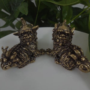 A Pair of Old Chinese Solid Brass Lucky Kirin Beasts Statue Sculpture