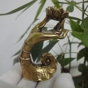 Retro Chinese Solid Brass Hand Holding Lotus Flower Incense Burner Censer