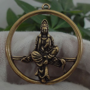Old Chinese Solid Bronze Statue Leisure &quot;Guanyin&quot; Keychain Pendant