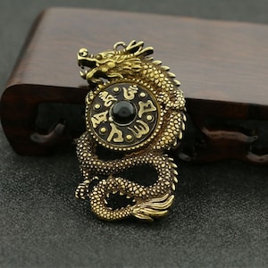 Antiqued Chinese Brass Six Character Mantra Flying Dragon Keychain Pendant