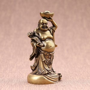Old Chinese Solid Bronze Happy Laughing Maitreya Buddha with &quot;YuanBao&quot; Statue Sculpture