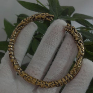 7CM Retro Chinese Solid Brass Double Dragon Head Round Style Bracelet Bangle