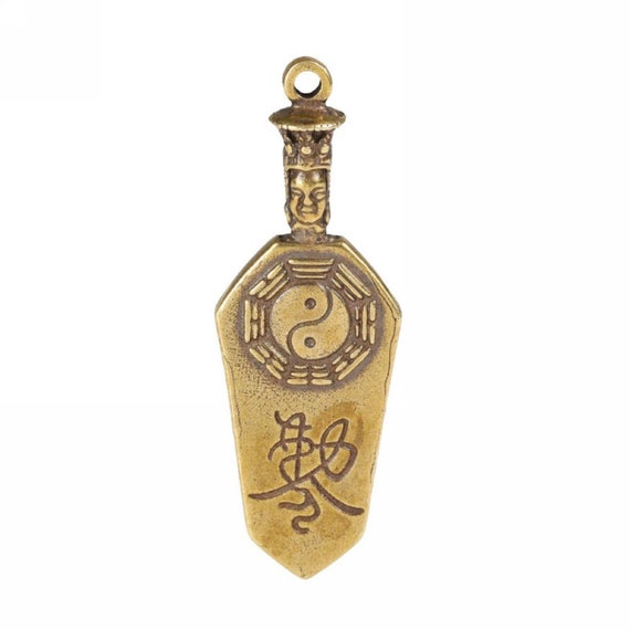Old Chinese Solid Bronze Lucky Amulet Pendant Key… - image 1