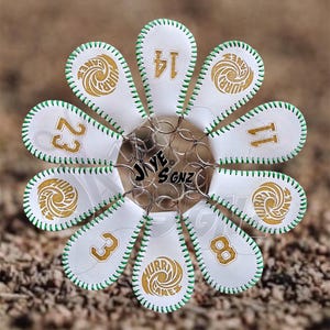 May include: A collection of white leather keychains, each shaped like a baseball stitch, with green stitching. Each keychain features a number and the words "HURRICANES" in gold. The keychains are connected by silver rings, with the text "JAYE SGNZ" in the center.