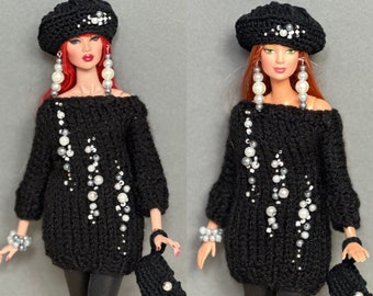 Black knitted dress with beads black beret beads shiny legging black bag jewelry for Barbie nu face fashion royalty dolls