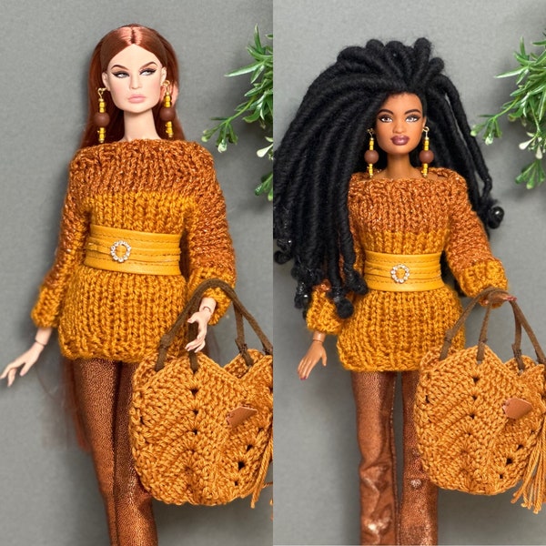 Knitted copper coloured sweater with belt gold copper pants jegging legging crocheted bronze bag for Barbie nu face fashion royalty dolls