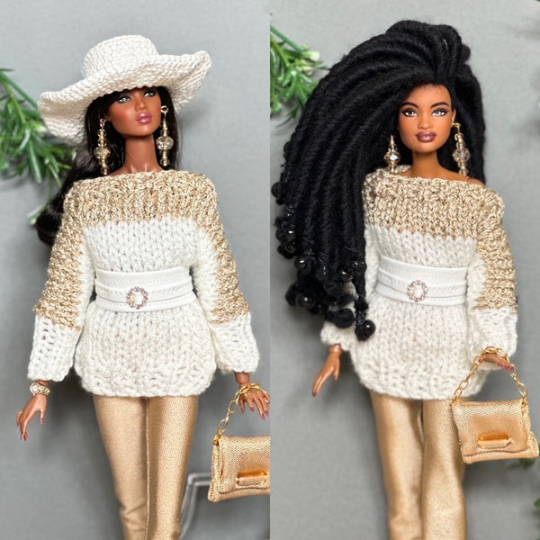 Knitted sweater off white gold golden jegging pants legging bag earrings crocheted off white hat for Barbie nu face fashion royalty dolls